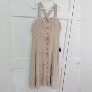 Lulus - City Beige Button-Front Tiered Midi Dress (NWT)
